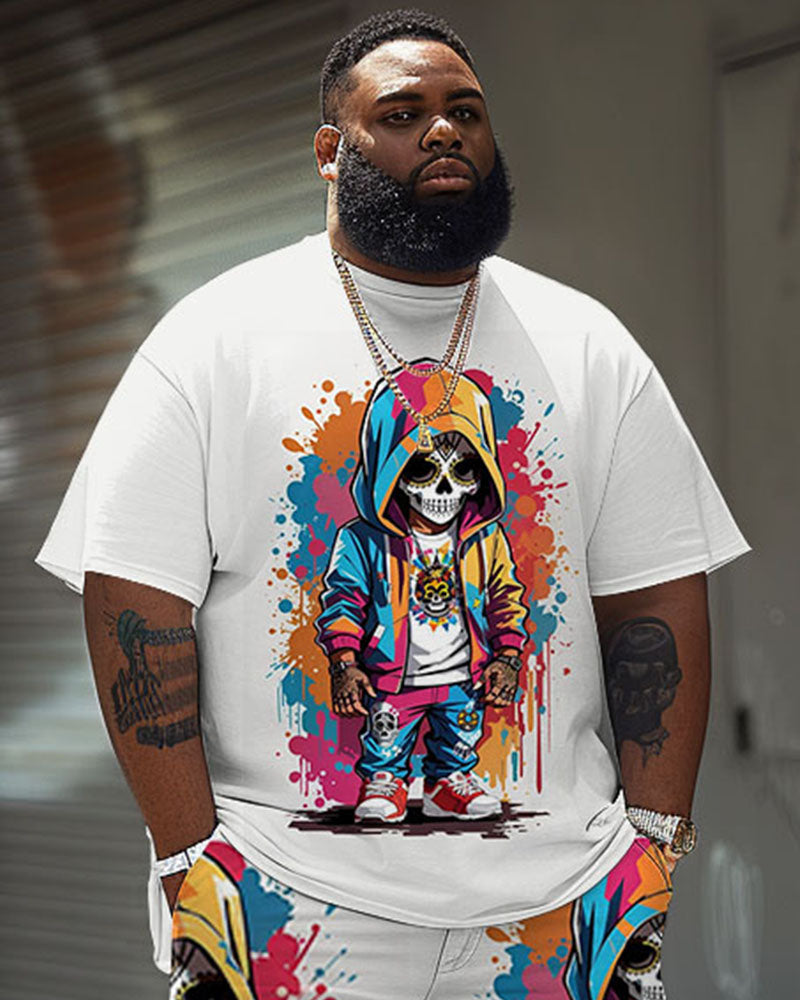 Men's Plus Size Street Fashion Colorful Graffiti Skull Print T-Shirt Shorts Suit