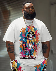 Men's Plus Size Street Fashion Colorful Graffiti Skull Print T-Shirt Shorts Suit