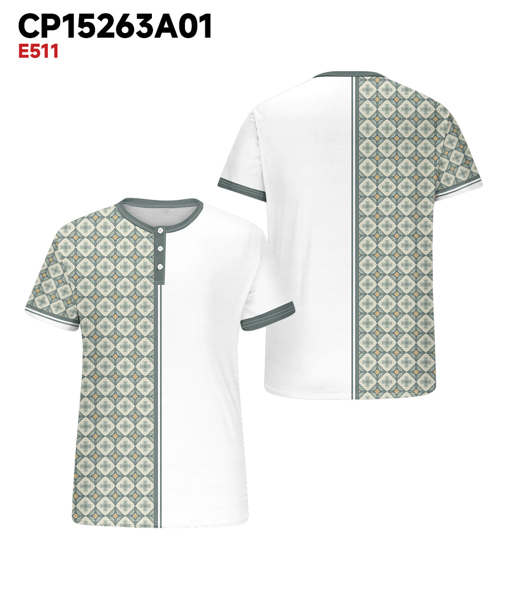 Men's Plus Size Daily Casual Green Stitching Diamond Print Henry Collar Button Short Sleeve T-Shirt