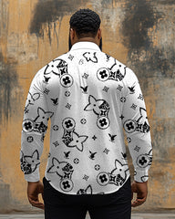 Men's Plus Size Business Black And White Diamond Flower Geometric Print Long Sleeve Shirt