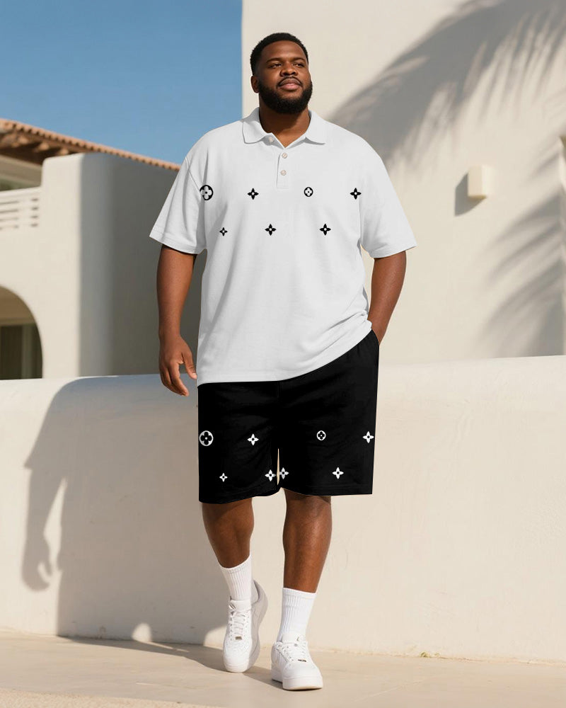Big & Tall Men's Business Black And White Geometric Diamond Star Print Short Sleeve Polo Shirt Shorts Suit