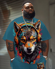 Big & Tall Men's Street Fashion Graffiti Wolf Print T-Shirt Shorts Set