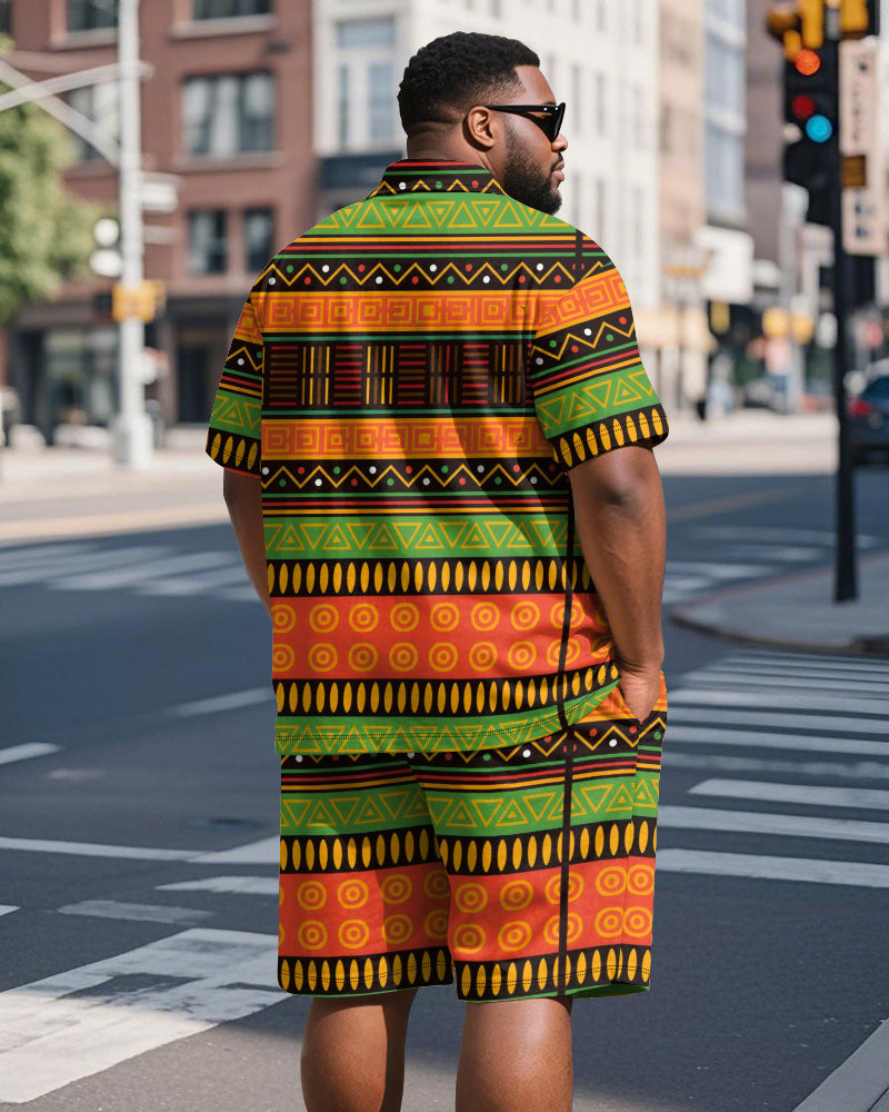 Big & Tall Men's Business Green Orange Colorblock Geometric Print Short Sleeve Polo Shirt Shorts Suit