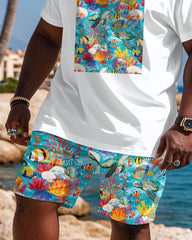 Big & Tall Men's Vacation Underwater World Pattern Printed T-Shirt Shorts Set