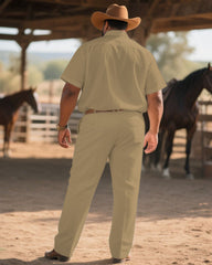 Western Denim-men's Plus Size Khaki Bullfight Pattern Symmetrical Printed Short Sleeve Shirt Trousers Suit