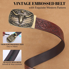 Unisex Western Cow Hide Embossed Leather Ratchet Belt with Automatic Buckle