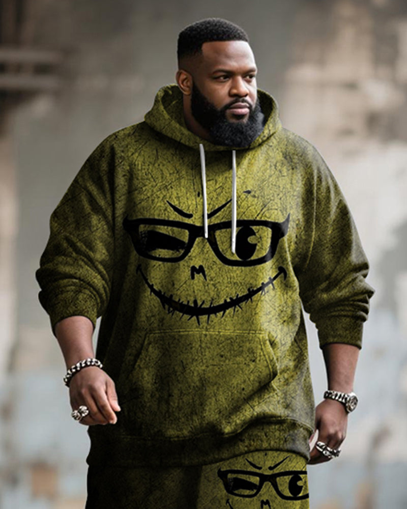 Big & Tall Men's Street Fashion Yellow Graffiti Emoji Print Hoodie Suit
