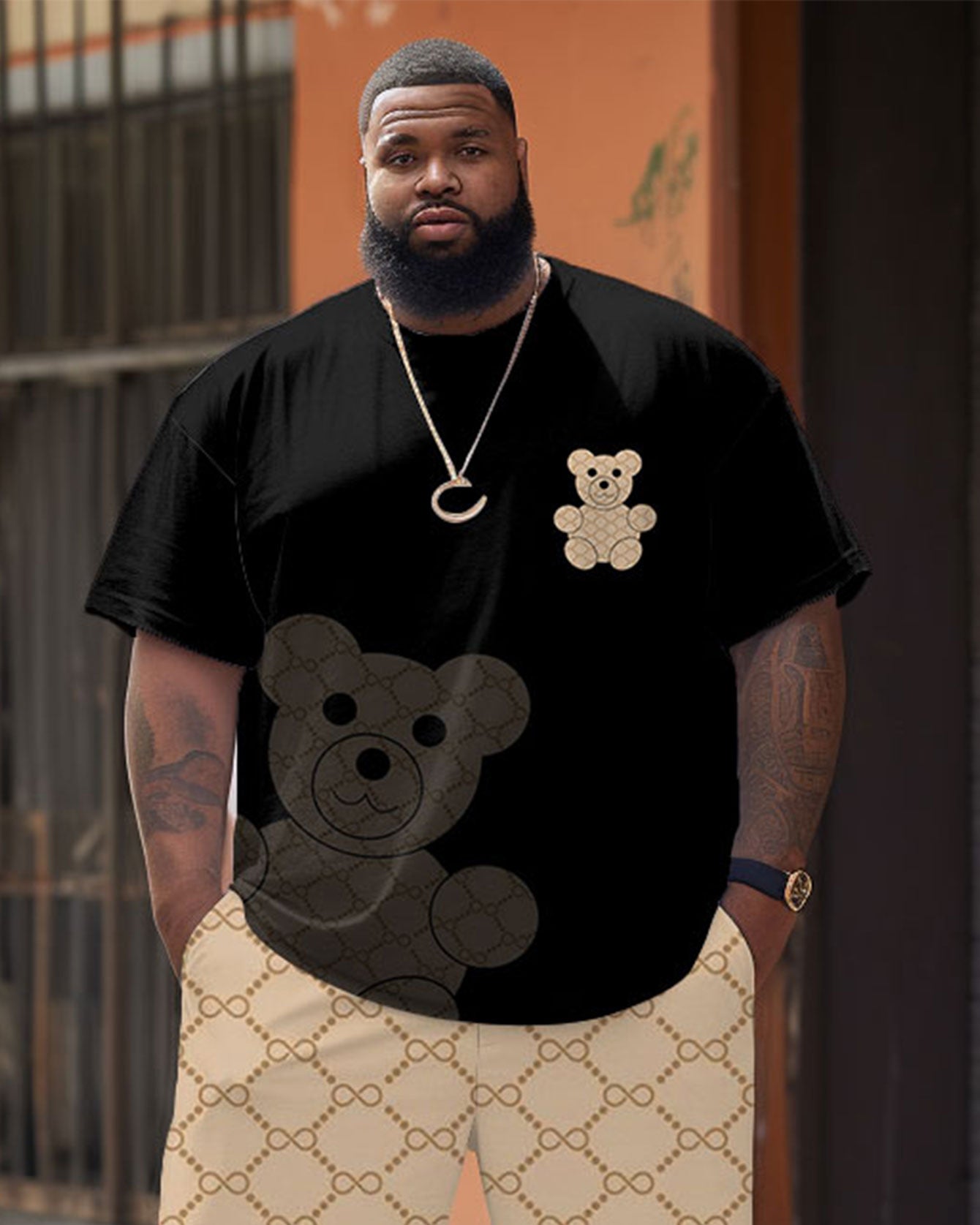 Men's Plus Size Bear Geometry Print T-Shirt Shorts Suit
