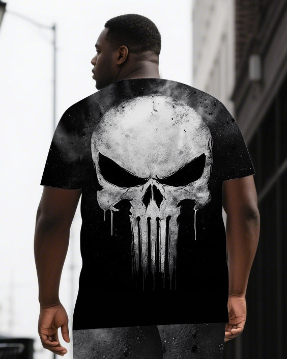 Defy Limits with Punisher Skull Men's Skeleton Black Print Big & Tall Short Sleeve T-shirt Shorts 2-Piece Set