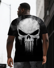 Defy Limits with Punisher Skull Men's Skeleton Black Print Big & Tall Short Sleeve T-shirt Shorts 2-Piece Set