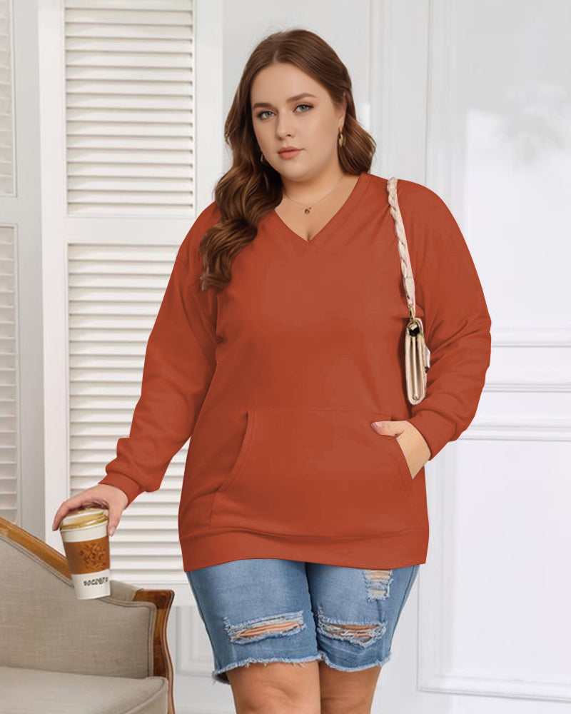 Women's Big And Tall Solid Color V-Neck Kangaroo Pocket Pullover Sweatshirt