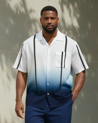 Big & Tall Men's Business Gradient Blue Striped Print Pocket Short Sleeve Shirt Trousers Suit