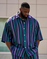Big Men's Green Purple Striped Color Block Printed Short Sleeve Shirt Shorts Suit
