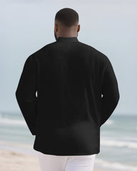 Big & Tall Men's Everyday Solid Color Bamboo Hemp Texture Henry Collar Long Sleeve Shirt