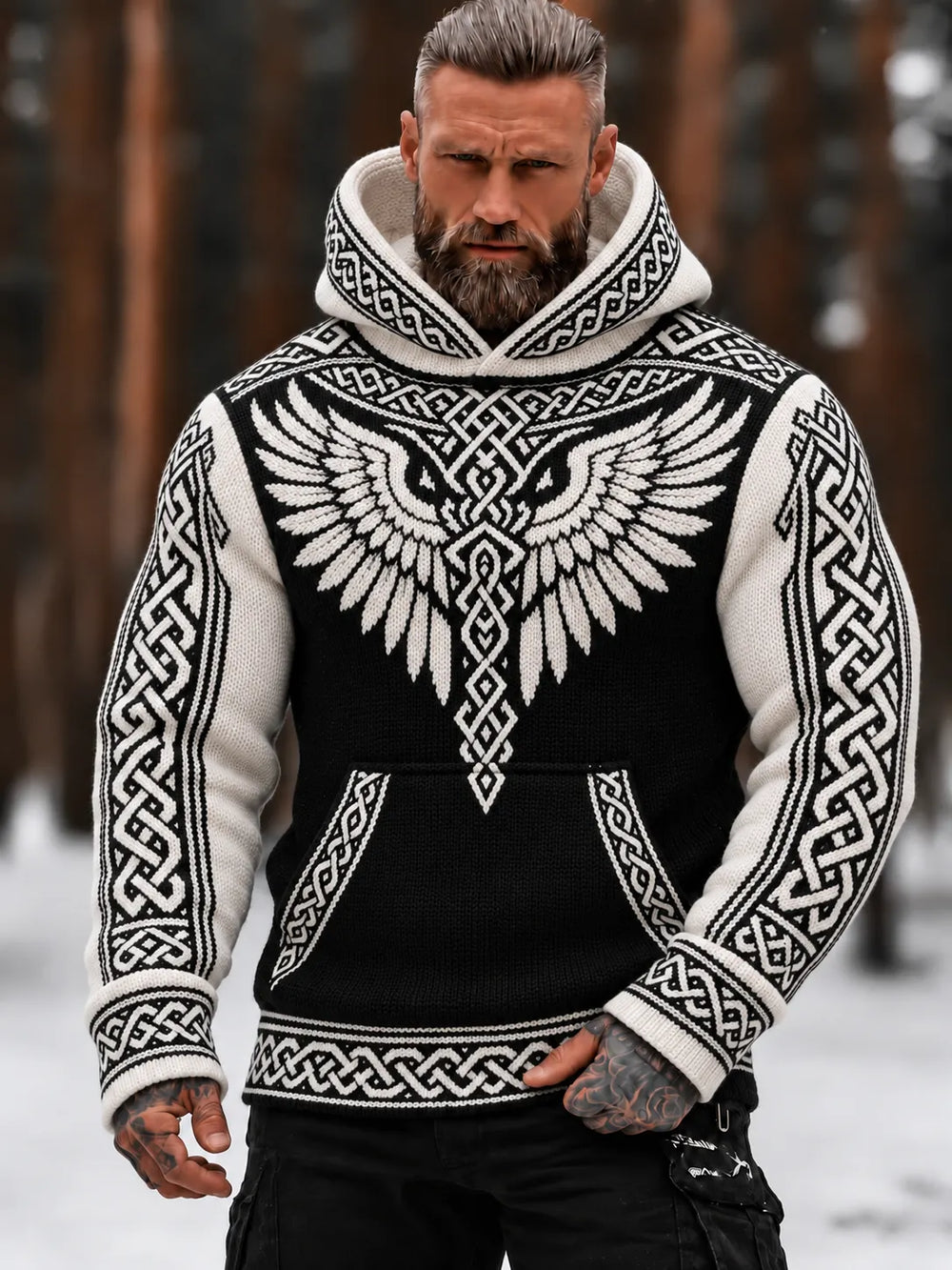 Men's Retro Wing Printed Cozy Warm Knitted Jacquard Hooded Sweater