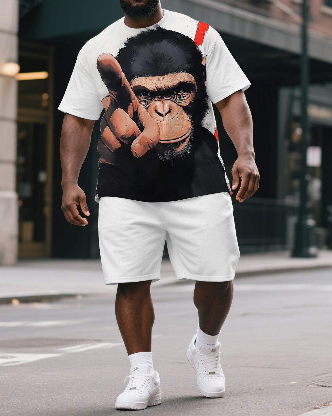 Big & Tall Men's Funny Cartoon Angry Gorillas Print Casual Short-Sleeved T-shirt and Short Set