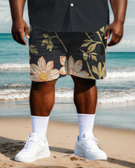 Men's Big & Tall Splicing Stripe Retro Fashion Floral Printed Short Sleeve Shirt Shorts Set