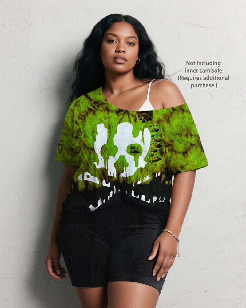 Women's Big & Tall Halloween Green Gradient Skull Print Short Sleeve Shorts Suit