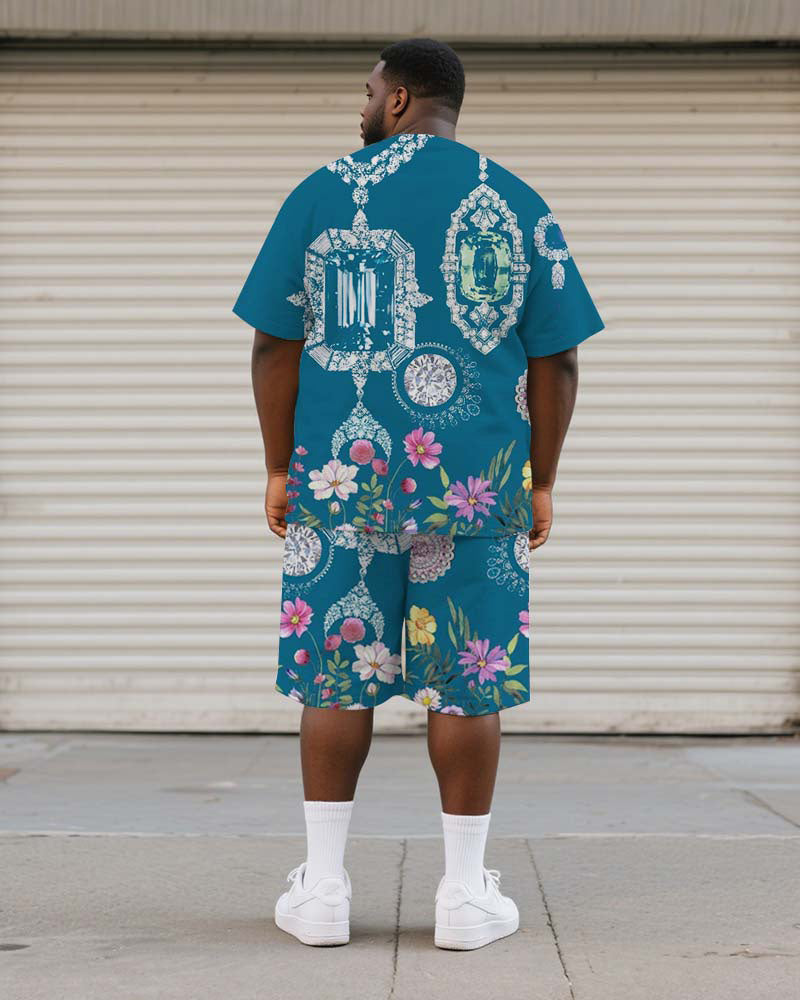 Big & Tall Men's Blue Retro Diamond Floral Print Round Neck Short Sleeve T-Shirt Shorts Suit