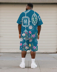 Big & Tall Men's Blue Retro Diamond Floral Print Round Neck Short Sleeve T-Shirt Shorts Suit