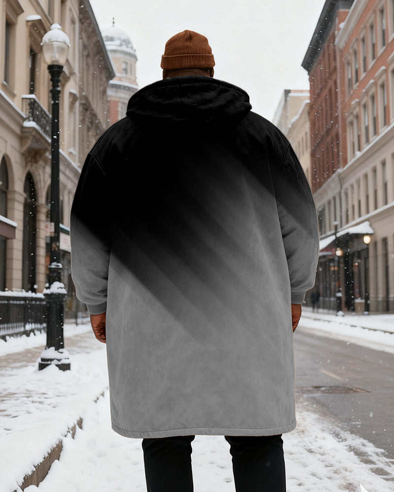 Big & Tall Men's Black And Red Gradient Printed Velvet Padded Long Hooded Coat