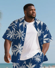 Big Men's Coconut Trees Paint Hawaiian Theme 2-Piece Short Sleeve Shirt Shorts Suit