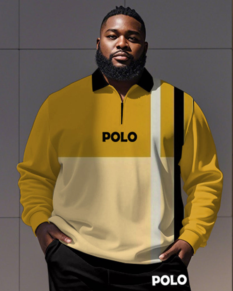 Men's Simple Yellow Stripe Alphabet Print Polo Shirt Zipper Pants Suit