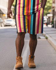 Big & Tall Men's Colorblock Stripe Print Short Sleeve Polo Shirt Shorts Suit