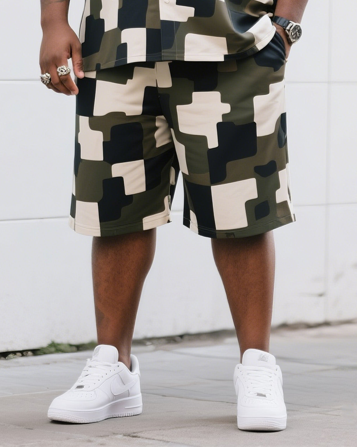 Big Man's Daily Leisure Outdoor Activities Irregular Puzzle Creative Camouflage Short Sleeve Shirt Shorts Suit
