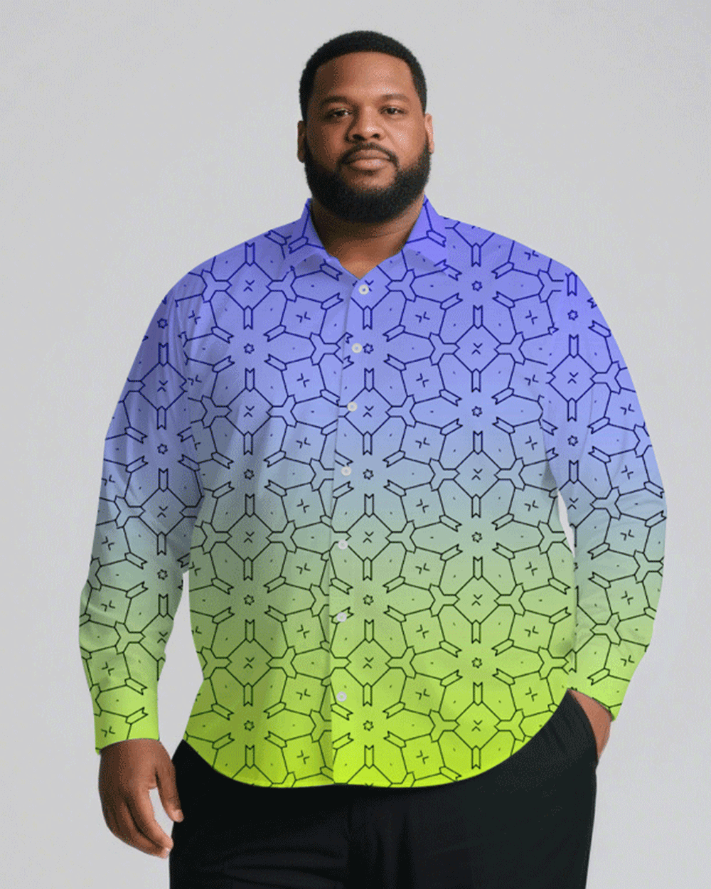 Men's Plus Size Business Blue & Yellow Gradient Print Long Sleeve Shirt Trousers Suit