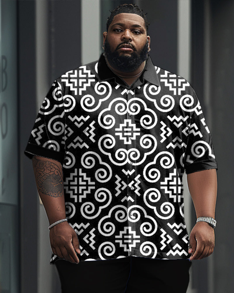 Men's Plus Size Business Casual Retro Pattern Printed Short Sleeve Shirt Trousers Suit