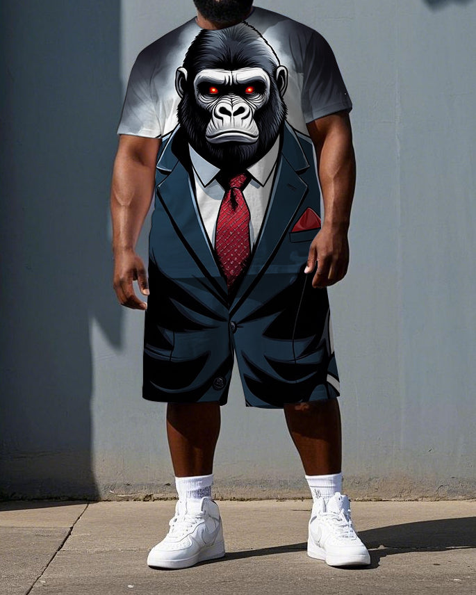Big & Tall Men's Cartoon Gorillas in a Suit Daily Casual Short Sleeve T-shirt 2-Piece Set