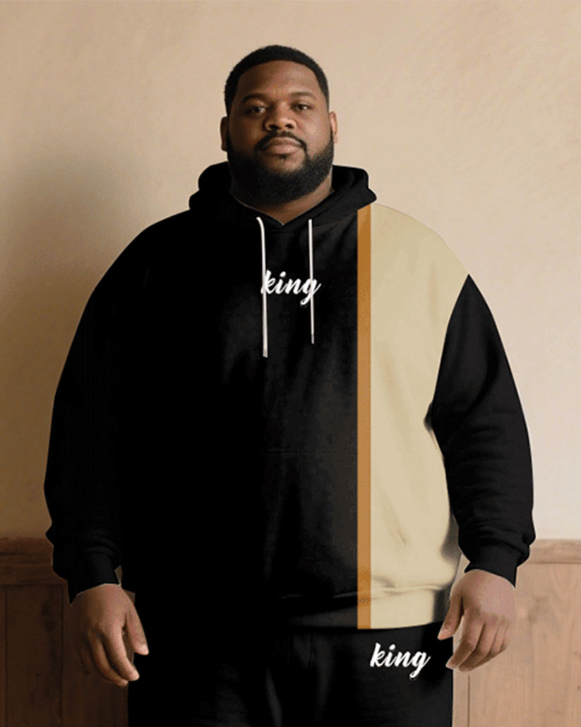 Big & Tall Men Fall/Winter All-Match Casual Black & Khaki Chest King Printed Hoodie Suit