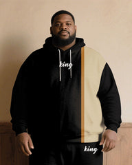 Big & Tall Men Fall/Winter All-Match Casual Black & Khaki Chest King Printed Hoodie Suit