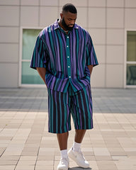 Big Men's Green Purple Striped Color Block Printed Short Sleeve Shirt Shorts Suit