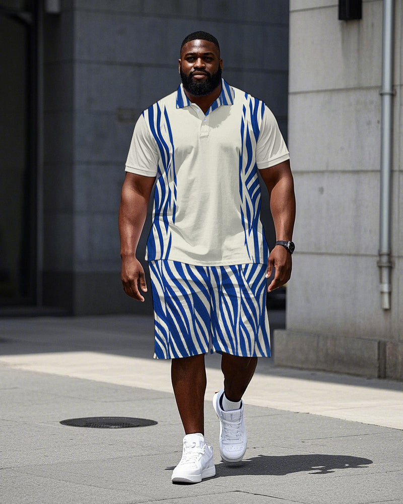 Big & Tall Men's Simple Stripe Printed Short Sleeve Polo Shirt Shorts Set