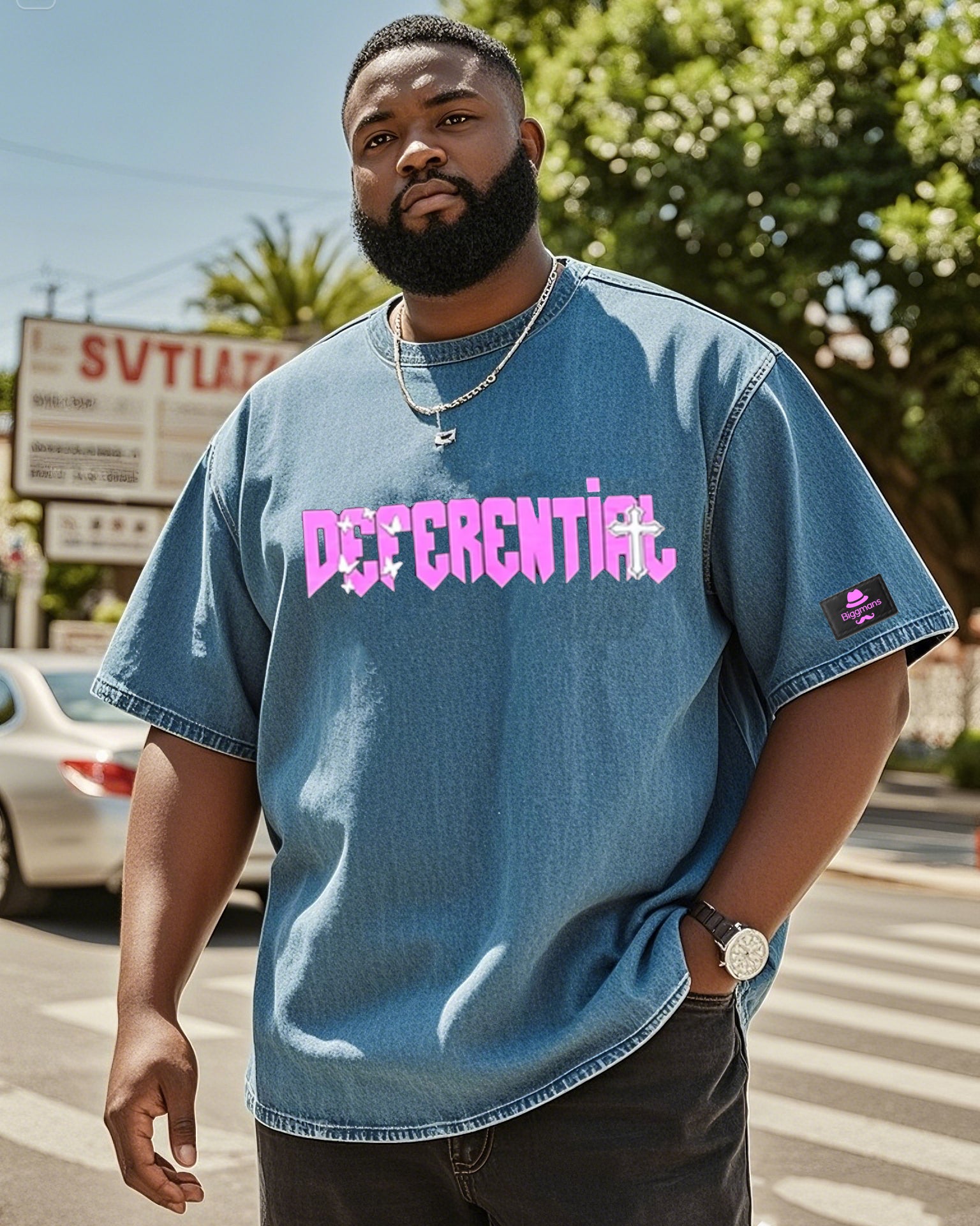 Big & Tall Men's Street Fashion DEFE RENT IRL Creative Color Hot Stamping-Washed Denim Short Sleeve T-Shirt