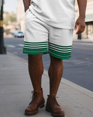 Men's Plus Size Business Green Gradient Stripe Print Short Sleeve Polo Shirt Shorts Suit