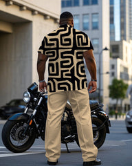 Men's Plus Size Business Khaki Geometric Square Continuous Pattern Daily Casual Short Sleeve Shirt Trousers Suit