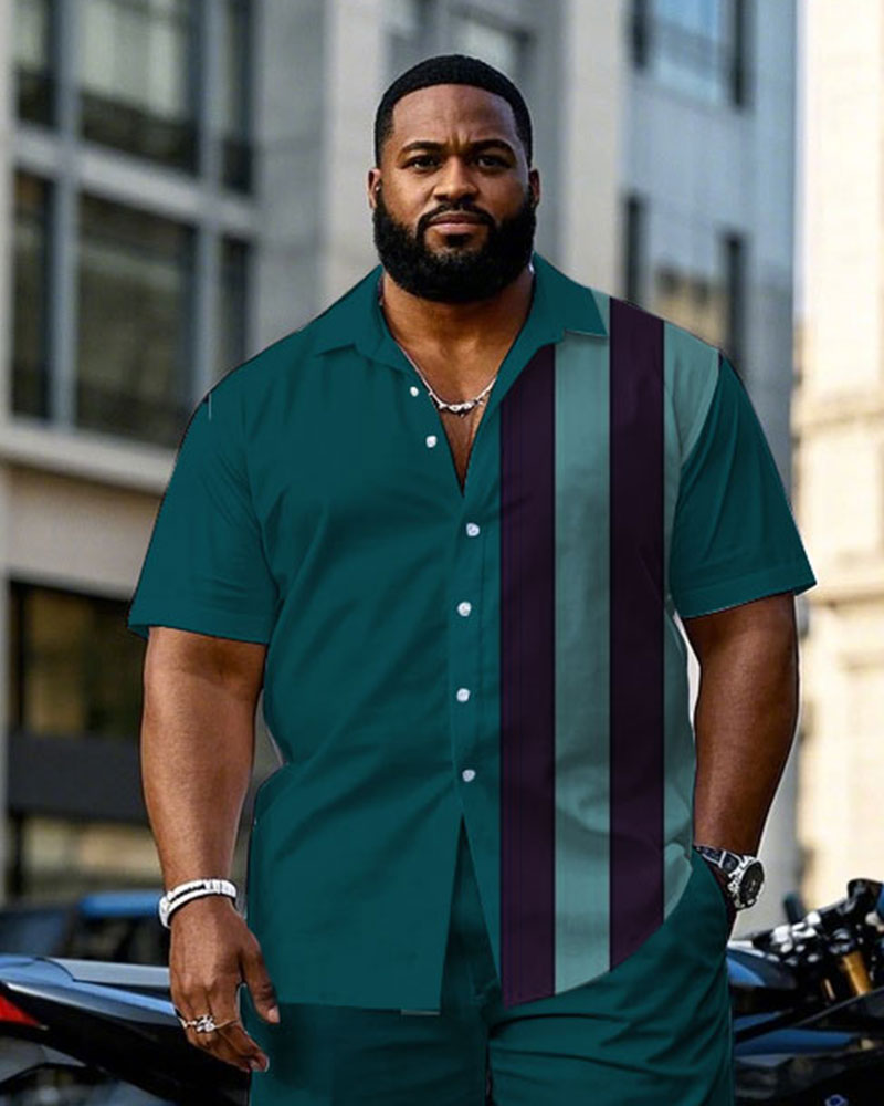 Men's Plus Size Simple Noble Green & Purple Colorblock Short-sleeved Shirt Pants Suit