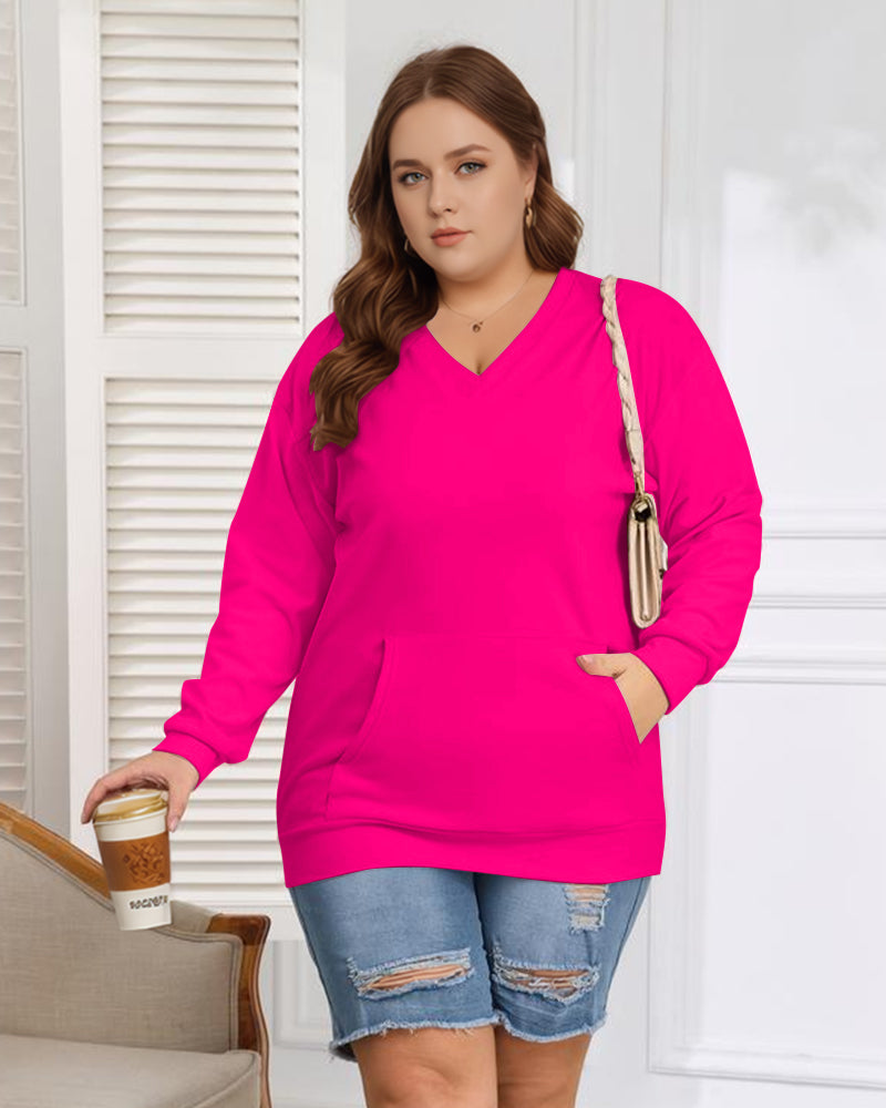 Women's Big And Tall Solid Color V-Neck Kangaroo Pocket Pullover Sweatshirt