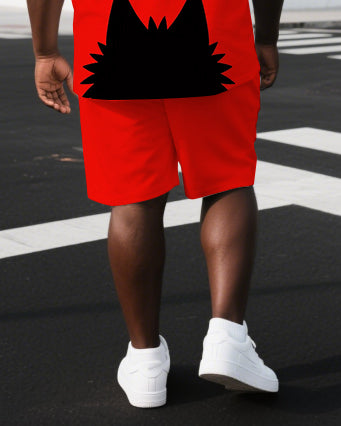 Big & Tall Men's Punk Theme Black Cat Keep Calm Lettering Casual Short-Sleeve T-shirt Shorts Set