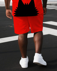 Big & Tall Men's Punk Theme Black Cat Keep Calm Lettering Casual Short-Sleeve T-shirt Shorts Set