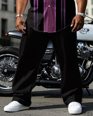 Men's Plus Size Black & Purple Colorblock Line Gradient Design Short Sleeve Shirt Pants Suit