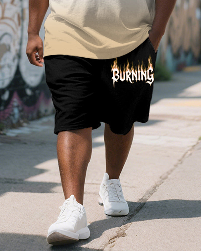 Men's Plus Size Yellow Gradient Burning Letter Print Round Neck Short Sleeve T-shirt Shorts Suit
