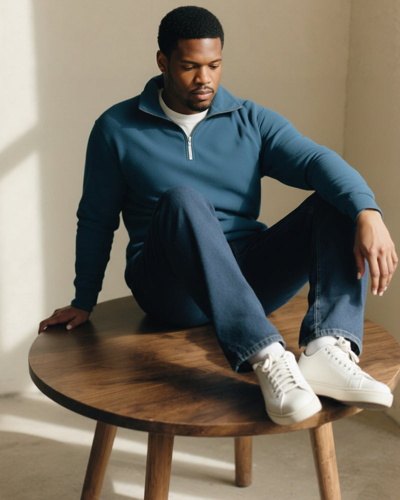 Big & Tall Men's Blue-Fall/Winter Solid Color Polar Fleece Fabric Metal Zipper Collar POLO Long Sleeve