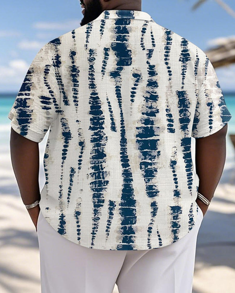 Men's Plus Size Hawaiian Blue And White Texture Print Short Sleeve Slub Shirt