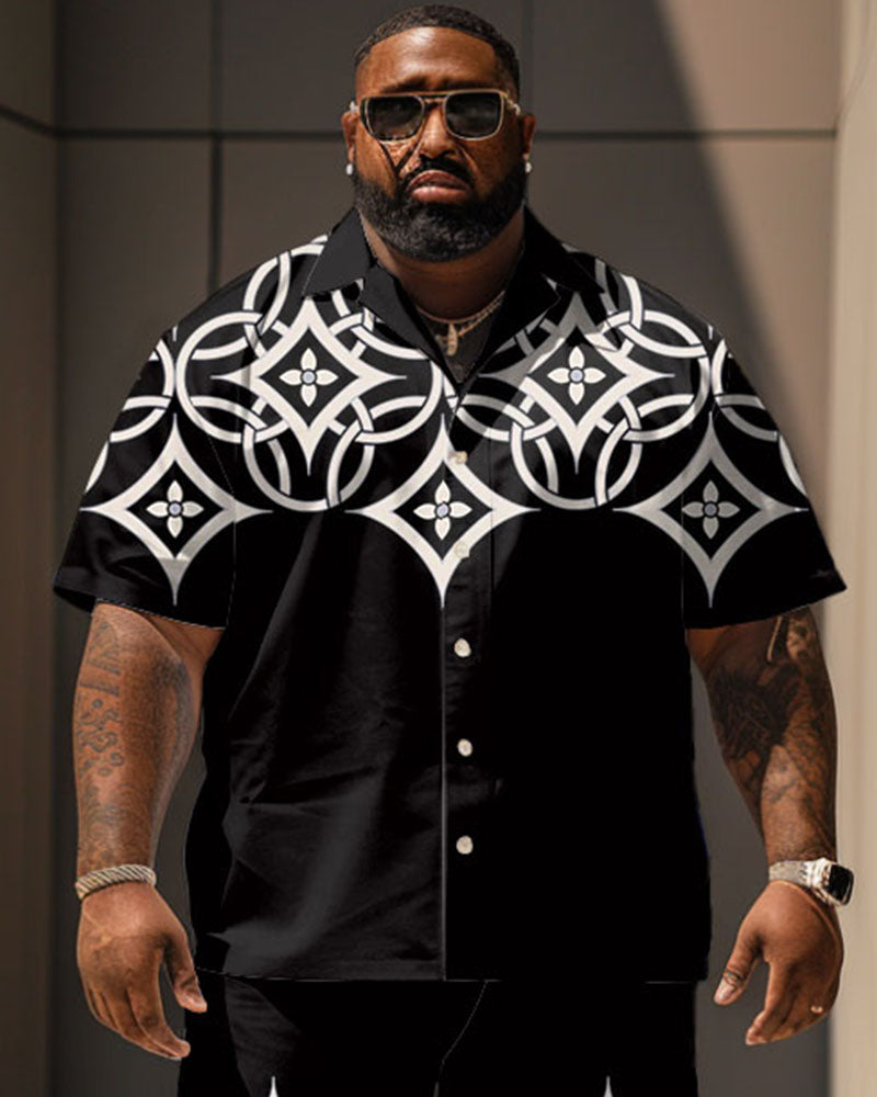 Men's Plus Size Daily Casual Black Diamond Geometric Print Shirt Shorts Suit