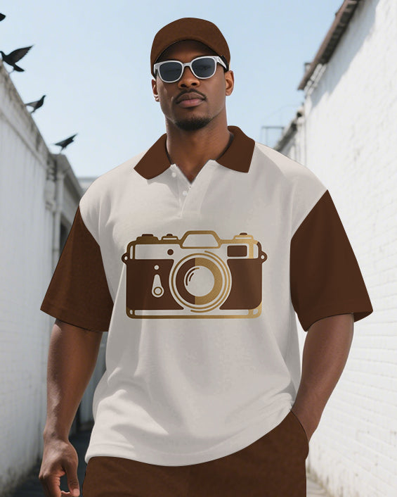Big and Tall Men's Splicing Style Camera Printed Retro Short-Sleeve Polo Shirt Shorts Set
