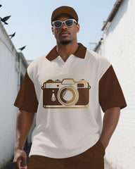 Big and Tall Men's Splicing Style Camera Printed Retro Short-Sleeve Polo Shirt Shorts Set